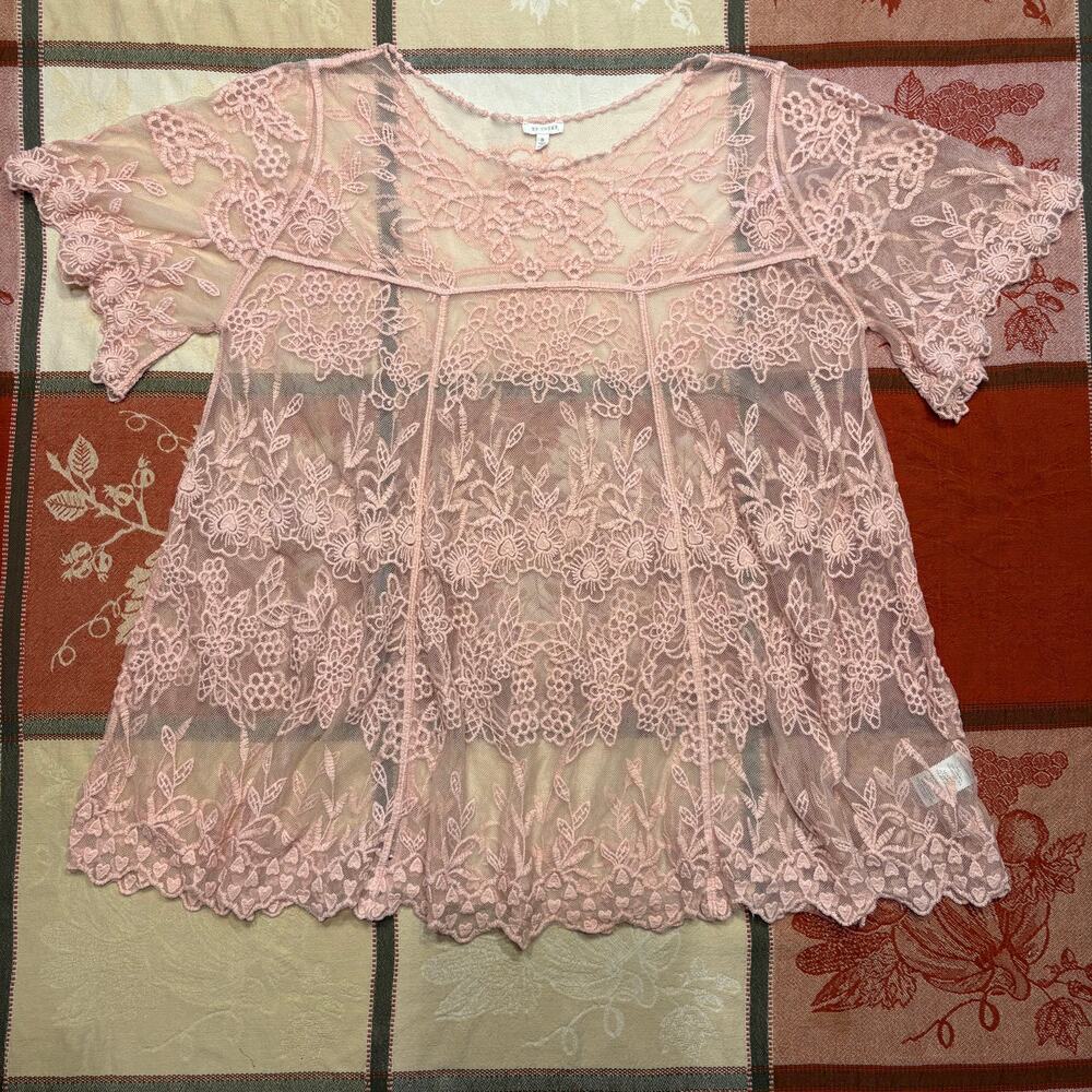 En Creme Blush Pink Sheer Floral Lace Short Sleeve Top S